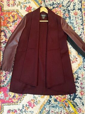 DKNY Burgundy Trench Coat with Faux Leather Sleeves